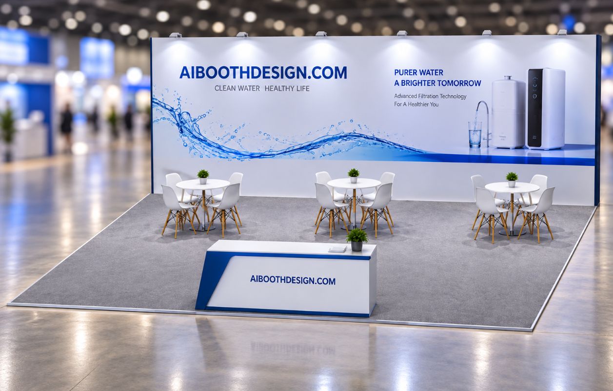 Blue and white water purification products booth rendering generated from the sketch