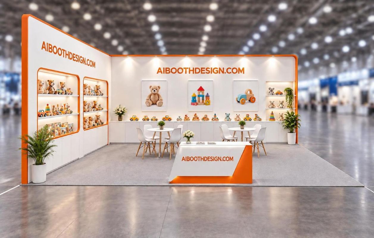 Orange and white toy booth rendering generated from the corner booth sketch