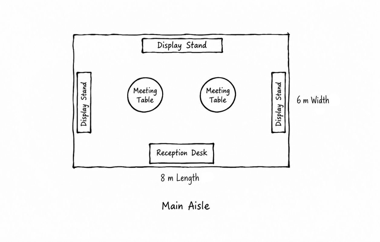 Hand-drawn sketch of an open booth labeled with dimensions of 8 m × 6 m